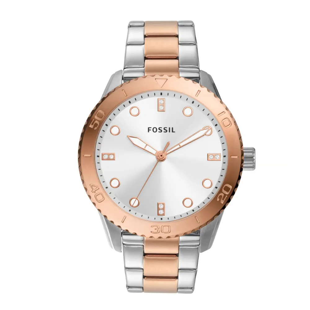 Fossil Dayle Women's 3-Hand Analog Watch 38mm Stainless Steel Case Silver Dial Quartz Movement Mineral Glass 50m Water Resistance Two Tone BQ3887