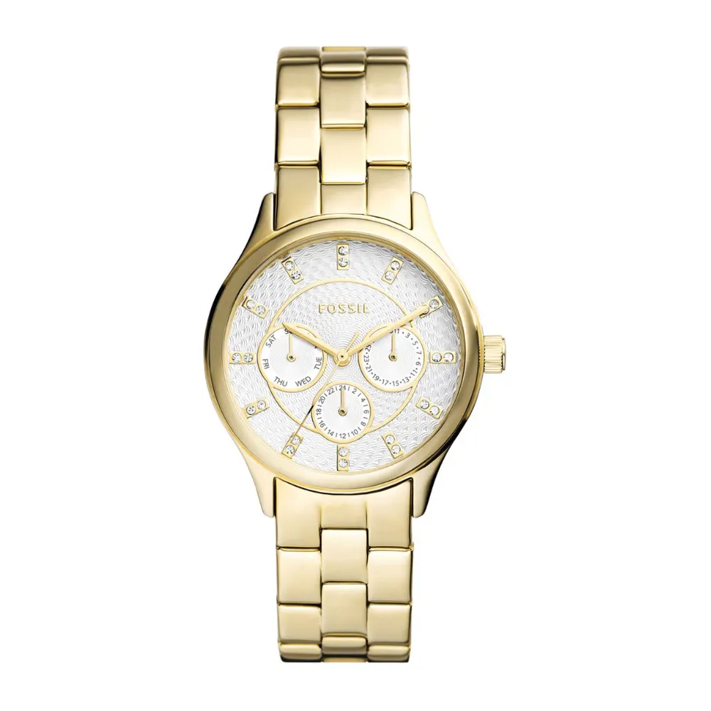 Fossil Modern Sophisticate Women's Multifunction Analog Watch 36mm Stainless Steel Case White Dial Day & Date Display Quartz Movement Mineral Glass 50m Water Resistance Gold BQ3912