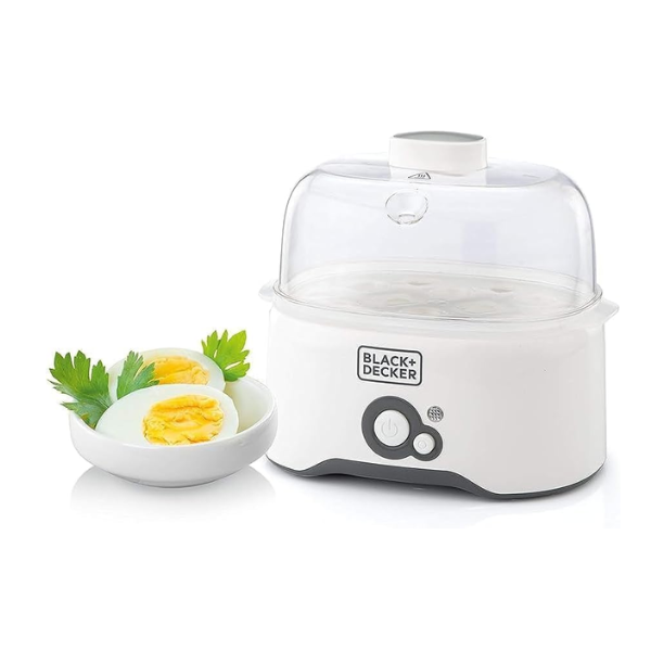 BLACK+DECKER 280w 6 piece egg cooker with cooking rack and 2 poaching pan dry boil auto shutoff protection transparent cover white body, for perfect eggs eg200-b