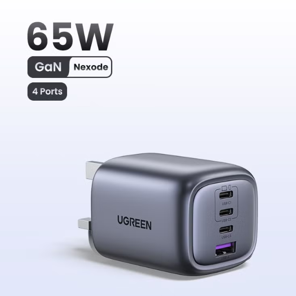 UGREEN Nexode 65W 3-Port USB-C Fast Charger — Compatible with iPhone 16/15/13, Galaxy S24/S23 Ultra, MacBook, iPad, and More (Space Gray)