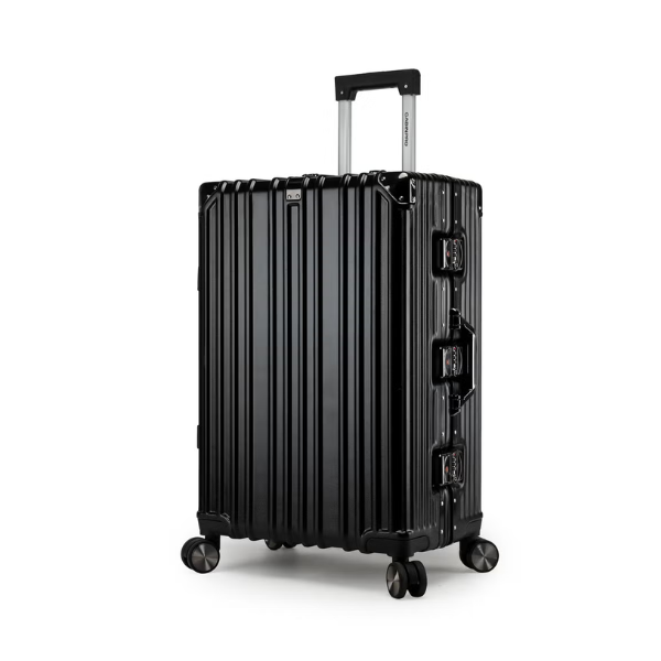 CABINPRO Lightweight Aluminum Frame Fashion Luggage Trolley Polycarbonate Hard Case Medium Checked Luggage Suitcase with 4 Quite 360 Degree Double Spinner Wheels CP001 Black