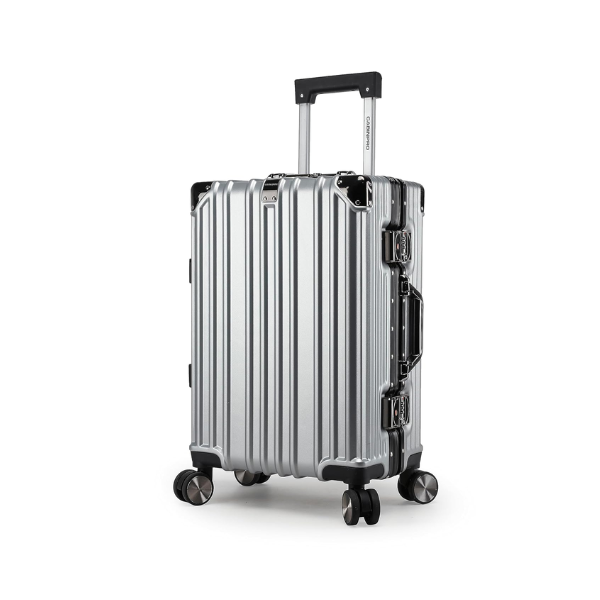 CABINPRO Lightweight Aluminum Frame Fashion Luggage Trolley Polycarbonate Hard Case Medium Checked Luggage Suitcase with 4 Quite 360 Degree Double Spinner Wheels CP001 Silver