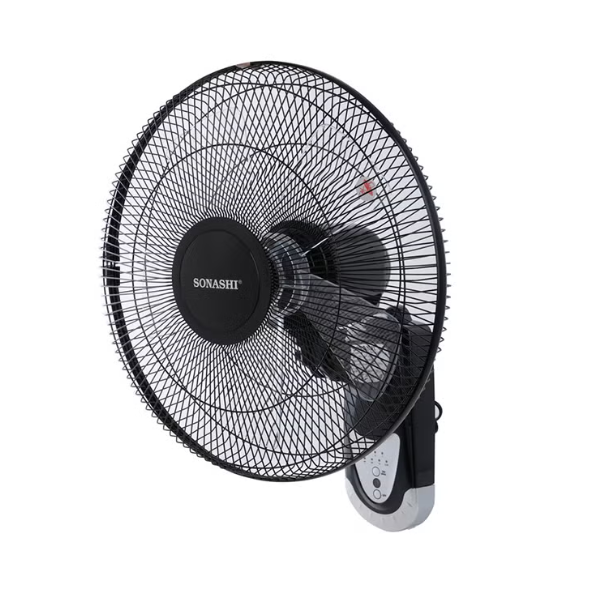 SONASHI 16 Inch Wall Fan - Remote Control  5 Transparent Blades With Low Noise Motor  3 Speed And Oscillation Functions Black