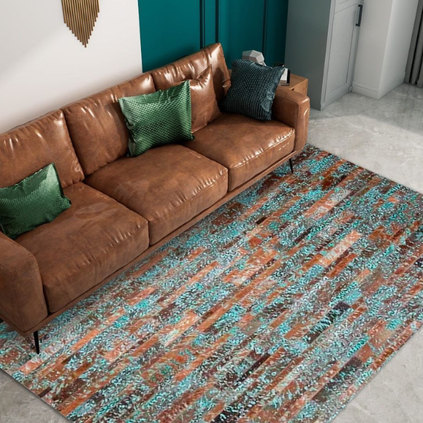 Deckoland Stripes Rug Brown and Floral Turquiose