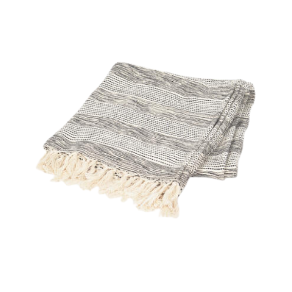 Qalara Handwoven Cotton Greyscale Striped Tasseled Throw