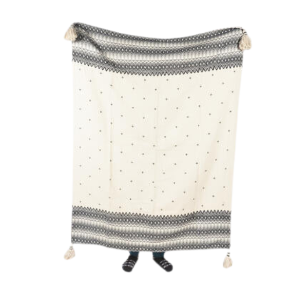 Qalara Handwoven Cotton Monochrome Geometric Tasseled Throw