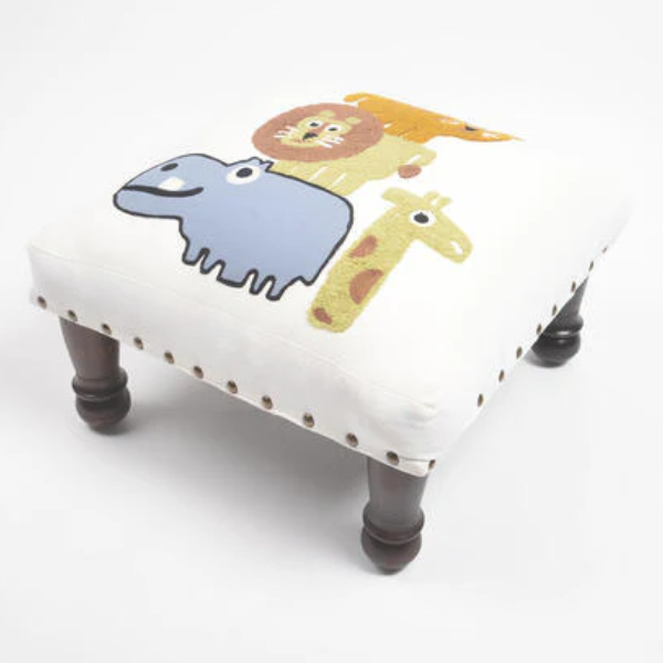 Qalara Jungle Animals Embroidered & Upholstered Stool