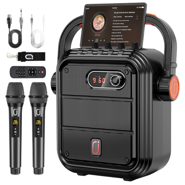 JYX Karaoke Machine with 2 Wireless Microphones, Portable Speaker System with TWS, FM, REC, Subwoofer, Rechargeable Battery, Bluetooth 5.0, Supports BT/USB/TF Card/Aux, JYX-66BT