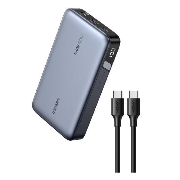 UGREEN Fast Charging Power Bank 100W 20,000mAh with 2 USB-C & 1 USB-A Ports for Laptops, iPhones, Galaxy, iPad, AirPods – Grey